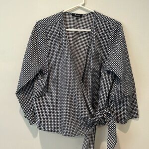 Madewell cream and blue crossover blouse